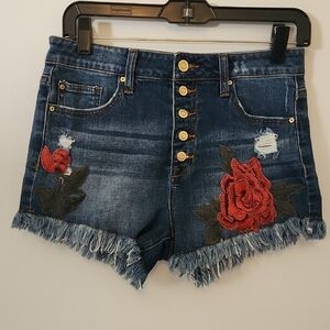 NOBO Blue and Red Jean Shorts with Floral Embroidery